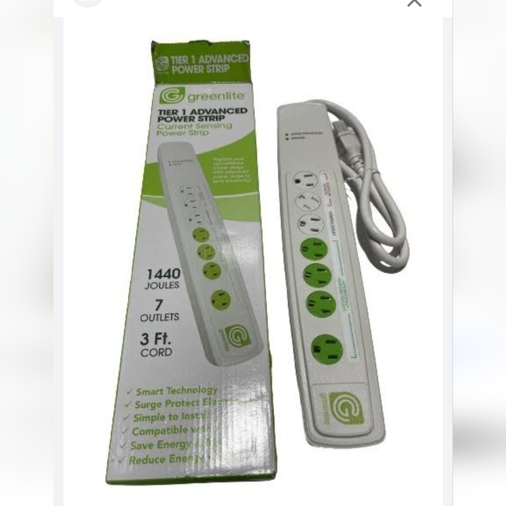 New Greenlite Surge Protector Strip 7 Outlets 1440 Joules 3 Foot Cord Boxed